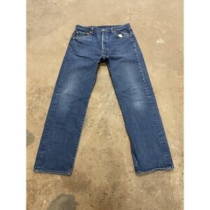 Levis 501 Jeans Mens 35x31 Medium Wash Blue Straight Leg Button Fly Distressed